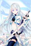  blue_legwear cross flat_chest garter_straps holding jacket jewelry long_hair lowres midriff mu-i navel necklace open_mouth purple_eyes shorts sword sword_girls thigh-highs thighhighs very_long_hair violet_eyes weapon white_hair 