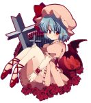  :/ ankle_lace-up bat_wings blue_hair blush cross cross-laced_footwear flower hat legs_up matatabi_maru moon red_eyes red_moon red_rose remilia_scarlet rose short_hair sitting solo touhou wings wrist_cuffs 