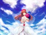  adult bare_shoulders blue_rose bouquet brown_hair dress echoes_(artist) echoes_(cassandratree) eve_(ib) flower ib ib_(ib) long_hair red_eyes red_rose rose sky smile solo veil wedding_dress 