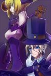  absurdres adjusting_glasses android blazblue blonde_hair blue_eyes breastplate carl_clover early_type glasses gloves hat height_difference highres nirvana short_hair top_hat white_gloves 