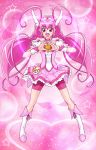  :p antenna_hair bike_shorts boots bowtie brooch chocokin choker cure_happy dress happy head_wings heart heart_hands hoshizora_miyuki jewelry long_hair magical_girl pink pink_background pink_dress pink_eyes pink_hair precure shorts_under_skirt skirt smile_precure! solo sparkle star tiara tongue twintails 