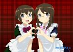  2girls brown_hair dual_persona glasses grey_eyes heart heart_hands heart_hands_duo long_hair manamin multiple_girls ore_no_imouto_ga_konna_ni_kawaii_wake_ga_nai short_hair tamura_manami 