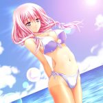 arms_behind_back bikini breasts cleavage cloud clouds dutch_angle jnr-m lens_flare navel original pink_eyes pink_hair short_hair solo standing swimsuit tan tanline 