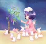  animal_ears black_hair blush brown_hair bunny dress inaba_tewi open_mouth rabbit red_eyes short_hair sitting smile solo tail tanabata tona_(nekotte) too_many_bunnies touhou tree 