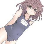  arms_behind_back brown_eyes brown_hair hair_ribbon kanaria_(artist) no_hat no_headwear ribbon school_swimsuit simple_background solo swimsuit tori_(minamopa) touhou translated usami_renko white_background 