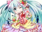  aqua_eyes aqua_hair dress eating food food_as_clothes food_on_face food_themed_clothes hatsune_miku ice_cream long_hair nail_polish pinky_out smile solo spoon sundae tsujiori twintails very_long_hair vocaloid wink 