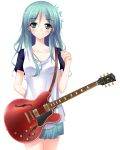  aosi_(wasabiranzy) green_eyes green_hair guitar instrument long_hair original simple_background skirt smile solo white_background 