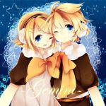  1girl blonde_hair blue_eyes brother_and_sister earmuffs gemini_(vocaloid) hair_ornament hairclip kagamine_len kagamine_rin leeannpippisum looking_at_viewer project_diva project_diva_2nd short_hair siblings smile twins vocaloid wink 