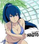  alternate_hair_length alternate_hairstyle bent_over bikini blue_eyes blue_hair blush breasts cleavage long_hair parody persona persona_4 persona_x_detective ponytail raven252 shirogane_naoto solo swimsuit 