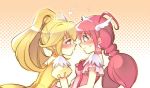  ? blush cure_happy cure_peace cure_sunny dress head_wings heart hoshizora_miyuki kise_yayoi long_hair magical_girl multiple_girls open_mouth pink_eyes pink_hair ponytail precure smile smile_precure! sweatdrop tiara twintails yellow_dress yellow_eyes yuri zagu_(grape_garden) 