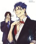  bespectacled black_hair blue_hair brown_hair earrings fate/stay_night fate_(series) formal glasses jewelry kotomine_kirei lancer long_hair male multiple_boys necktie ponytail sparkle suit yuri_(k_a_other) 
