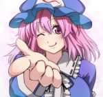  bust hat kanaria_(artist) pink_eyes pink_hair saigyouji_yuyuko short_hair smile solo tori_(minamopa) touhou triangular_headpiece wink 