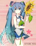  aqua_eyes aqua_hair character_name dasulchan flower hair_flower hair_ornament hatsune_miku long_hair looking_at_viewer necktie pink_background skirt solo sunflower twintails very_long_hair vocaloid 