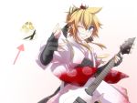  blonde_hair blue_eyes electric_guitar fingerless_gloves flower gloves guitar hair_ornament haru_aki instrument japanese_clothes kagamine_len male nail_polish obi plectrum smile solo vocaloid wink 