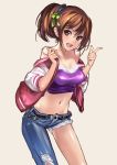  1girl asymmetrical_clothes bare_shoulders breasts brown_eyes brown_hair camisole character_request cleavage cutoffs female hair_ribbon jeans midriff navel off_shoulder official_art okishi_jien okishiji_en ougon_bakusou!_decotora_tournament ponytail ribbon simple_background smile solo strap_slip 