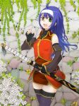  bare_shoulders blue_hair detached_sleeves elbow_gloves fingerless_gloves fire_emblem fire_emblem:_akatsuki_no_megami gloves green_eyes hairband highres mia_(fire_emblem) shiina_maru sword thigh-highs thighhighs weapon 