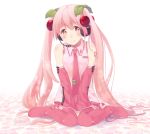  1girl blush boots cherry detached_sleeves food fruit hatsune_miku headset long_hair necktie pink_eyes pink_hair sakura_miku sitting smile solo sweetcry thigh_boots thighhighs twintails very_long_hair vocaloid wariza 