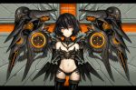  bare_shoulders black_hair black_legwear breasts chain chains gia highres horns letterboxed mecha_musume navel original red_eyes short_hair skull solo thigh-highs thighhighs 