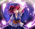  1girl chocho_(homelessfox) coin hair_bobbles hair_ornament holding large_breasts obi onozuka_komachi open_mouth red_eyes red_hair redhead scythe solo touhou twintails 