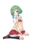  bow green_eyes green_hair gumi hair_bow kneehighs loafers looking_at_viewer school_uniform shoes short_hair sidelocks simple_background skirt socks solo sweater_vest vocaloid yayoi_(egoistic_realism) 