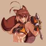  1girl animal_ears antenna_hair bare_shoulders blazblue breasts brown_eyes brown_hair bust crop_top dated fingerless_gloves gloves junkpuyo large_breasts makoto_nanaya midriff multicolored_hair navel short_hair simple_background solo squirrel_ears squirrel_tail tail toned tonfa two-tone_hair under_boob weapon 