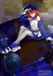  cul flower hat highres looking_at_viewer pantyhose petals red_eyes red_hair redhead rose shoes sitting smile solo vocaloid white_legwear 