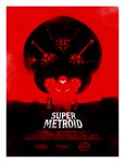  armor black_background bubble fangs ian_wilding looking_at_viewer metroid metroid_(creature) monochrome monster mother_brain movie_poster nintendo parody poster power_suit red red_background samus_aran spikes standing super_metroid title_drop visor weapon 