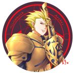  1boy armor blonde_hair character_name dewitri ea_(fate/stay_night) earrings fate/stay_night fate_(series) gilgamesh jewelry magic_circle red_eyes solo weapon 