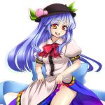  blue_hair bow food fruit hat hinanawi_tenshi kanaria_(artist) long_hair open_mouth peach red_eyes skirt skirt_lift smile solo tori_(minamopa) touhou 