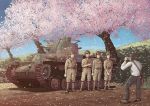  bag camera caterpillar_tracks cherry_blossoms earasensha glasses goggles male messenger_bag military military_uniform military_vehicle multiple_boys original shoulder_bag smile tank tree type_97_chi-ha uniform vehicle world_war_ii 