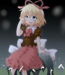  1girl :d blonde_hair blue_eyes bow flower hair_bow lily_of_the_valley medicine_melancholy natsu_no_koucha open_mouth puffy_short_sleeves puffy_sleeves shirt short_hair short_sleeves sitting skirt smile touhou 