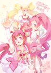  3girls arm_up blonde_hair boots bow choker color_connection corset cure_blossom cure_dream cure_peach fresh_precure! hair_bow hair_ornament hair_rings hairpin hanasaki_tsubomi heart heartcatch_precure! long_hair looking_back magical_girl momozono_love multiple_girls pink_eyes pink_hair pointing ponytail precure satsukiai skirt smile twintails wrist_cuffs yes!_precure_5 yumehara_nozomi 