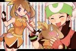  1boy 1girl atom_(@tom) bandana bandanna black_hair blush brown_hair brush closed_eyes embarrassed fingerless_gloves gloves odamaki_sapphire open_mouth pokemon pokemon_(creature) pokemon_special ruby_(pokemon) torchic 