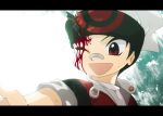  black_hair bleeding blood eioai happy hat headband injury letterboxed open_mouth pokemon pokemon_special red_eyes ruby_(pokemon) short_hair smile wink wound wounded 