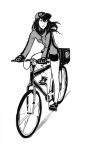  baseball_cap bicycle bike_shorts dr_pepper drawfag gloves greyscale halftone hat long_hair makise_kurisu monochrome product_placement riding simple_background solo steins;gate track_jacket 