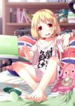  barefoot bed blonde_hair clothes_writing computer feet futaba_anzu hands highres idolmaster idolmaster_cinderella_girls kago_no_tori laptop long_hair pillow playstation_portable red_eyes shirt solo toes translated translation_request union_jack 