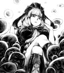  bangs blunt_bangs boots bow cross-laced_footwear crossed_legs frills from_below front_ponytail hair_bow highres kagiyama_hina knee_boots lace-up_boots legs_crossed long_hair monochrome regura ribbon sitting solo touhou 