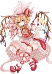  blonde_hair dress flandre_scarlet frills hat long_hair outstretched_arm pantyhose panzer pointy_ears red_eyes side_ponytail solo stuffed_animal stuffed_toy teddy_bear thighhighs touhou white_legwear wings wrist_cuffs 