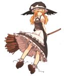  apron blonde_hair bloomers bow braid broom frilled_legwear frilled_socks frills gatakigi_gama hat hat_bow kirisame_marisa long_hair short_sleeves side_braid simple_background single_braid socks solo touhou witch_hat yellow_eyes 