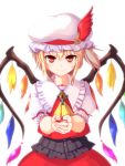  1girl ascot blonde_hair blood bodice brooch cross flandre_scarlet hands_together hat hat_feather hat_ribbon highres jewelry looking_at_viewer mob_cap opilio puffy_short_sleeves puffy_sleeves red_eyes ribbon sakazuki short_hair short_sleeves side_ponytail simple_background skirt skirt_set smile solo tassel touhou white_background wings 