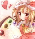  ascot blonde_hair blush chen_okami daidai_ookami flandre_scarlet hat hat_ribbon heart red_eyes ribbon short_hair short_sleeves smile solo touhou vampire wings 