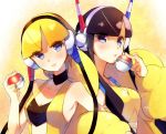  armpits bare_shoulders black_hair blonde_hair blue_eyes breasts cable cleavage dual_persona fur_coat headphones holding holding_poke_ball kamitsure_(pokemon) long_hair merumayu multiple_girls poke_ball pokemon pokemon_(game) pokemon_bw pokemon_bw2 short_hair time_paradox wire 