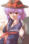  arm_hug blush bust contemporary hat nagae_iku neckerchief open_mouth purple_hair red_eyes school_uniform serafuku short_hair smile solo touhou yoshi_tama 