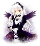 black_wings colored_eyelashes frilled_sleeves hair_twirling highres kuronohana lolita_hairband long_hair looking_at_viewer red_eyes rozen_maiden smile solo suigintou white_hair wings 