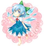  barefoot blue_eyes blue_hair bow character_name cirno colored_eyelashes doily hair_bow highres ice kuronohana no_nose short_hair simple_background smile solo sparkle touhou 