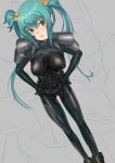  bodysuit breasts cui_yifei green_eyes green_hair hair_bell hair_ornament hands_on_hips highres legs long_hair muvluv muvluv_alternative muvluv_total_eclipse naoki_yukira solo twintails 