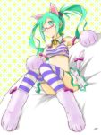  1girl animal_ears bell bell_collar bespectacled bra cat_ears cat_paws cat_tail collar glasses green_eyes green_hair hatsune_miku jingle_bell kowiru paws see-through sitting skirt solo striped striped_bra striped_legwear tail thighhighs twintails underwear vocaloid 