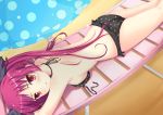  beach_umbrella bikini blush cthugha_(nyaruko-san) feijitian haiyore!_nyaruko-san long_hair looking_at_viewer lying on_stomach polka_dot polka_dot_bikini polka_dot_swimsuit red_eyes red_hair redhead solo swimsuit twintails 