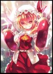  adapted_costume alternate_costume armor armored_dress ascot bad_id belt blonde_hair flandre_scarlet frame gauntlets gloves glowing glowing_wings grin hat hat_ribbon kiira looking_at_viewer red_eyes ribbon side_ponytail smile solo sword touhou weapon wings 