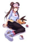  brown_hair female_protagonist_(pokemon_bw2) hair_bun jun_(goodgun7) mei_(pokemon) pantyhose poke_ball pokemon pokemon_(game) pokemon_bw2 raglan_sleeves shoes shorts sneakers 